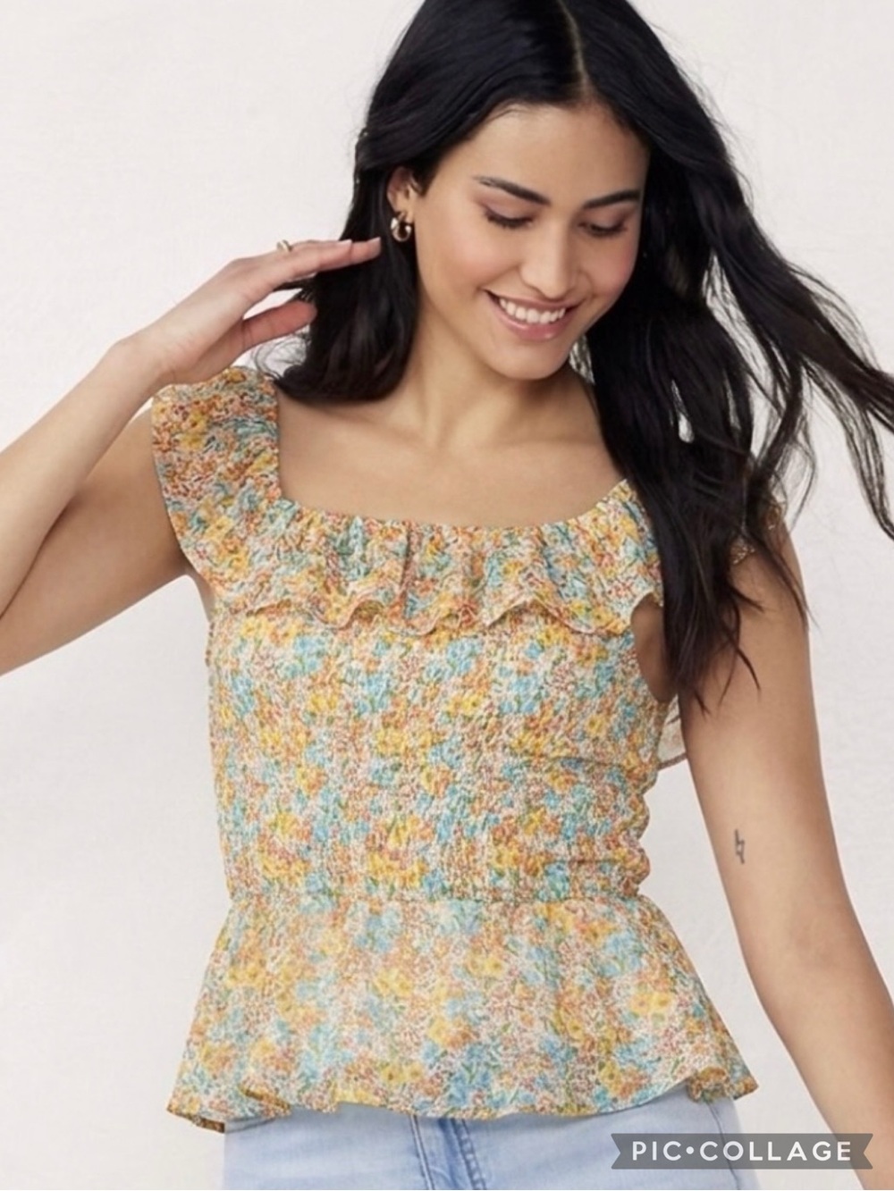 LC Lauren Conrad Floral Metallic Top Smocked Ruffle Peplum Cottagecore L